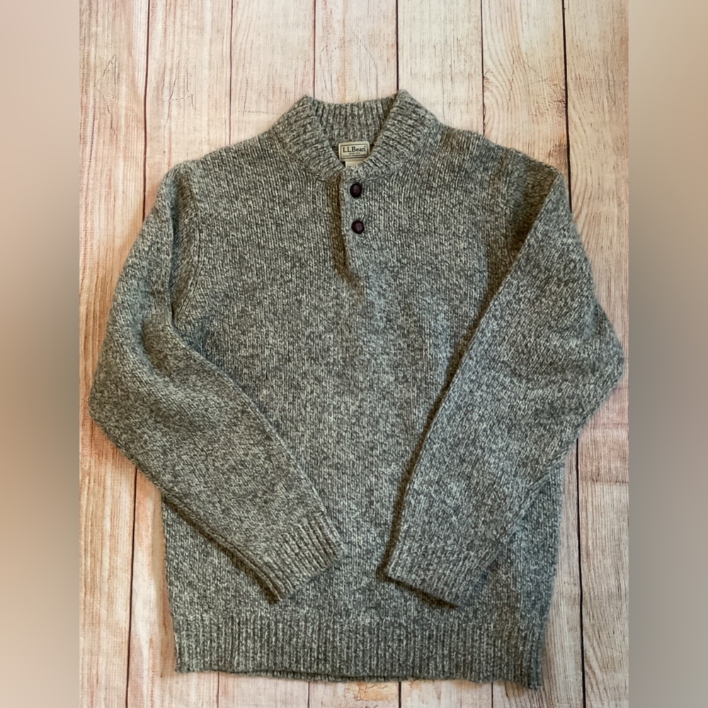 LKNU Mens VTG LL Bean marled gray 100% wool henley sweater M - Picture 2 of 7